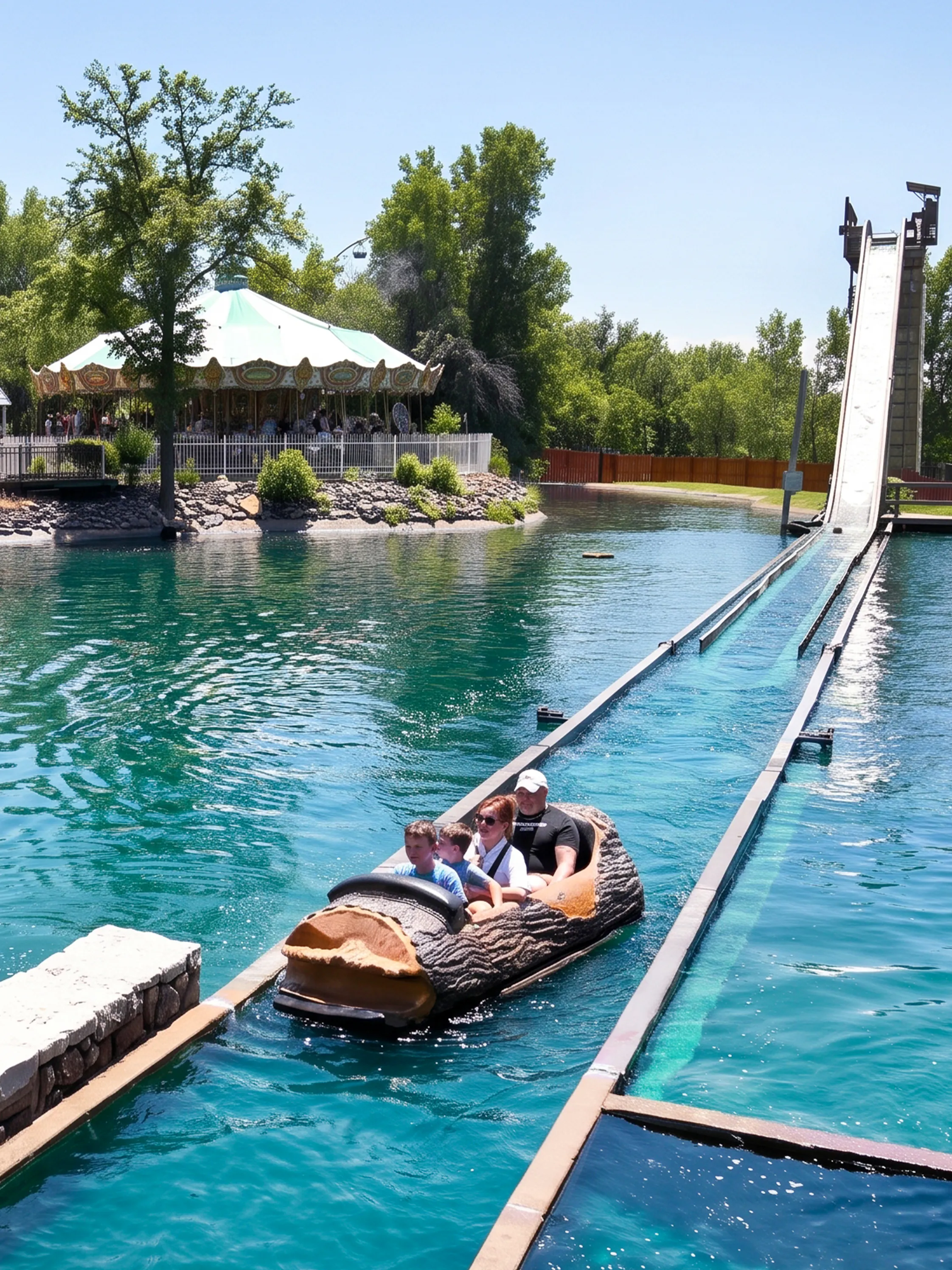 Visitors on Mystery River Log Flume ride at Six Flags Frontier City.