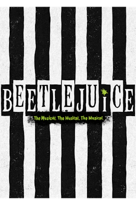 Beetlejuice Broadway show poster with black and white stripes and green text.