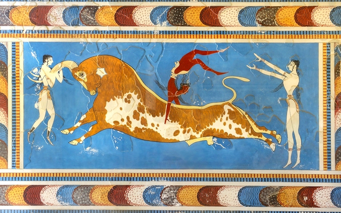 Bull-leaping fresco at Knossos Palace, Crete, depicting ancient Minoan ritual.