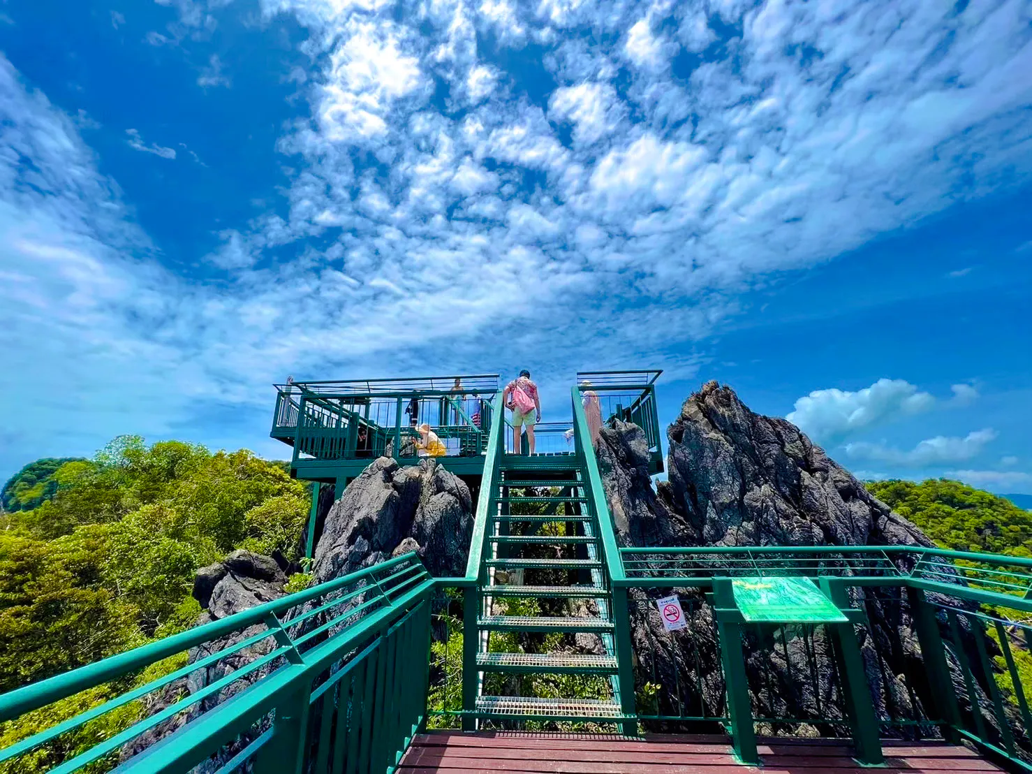 Observation deck on Hong Island with tourists enjoying views, Krabi.