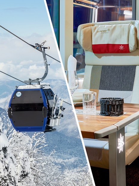 Cable car over snowy trees in Zermatt and Glacier Express train interior.