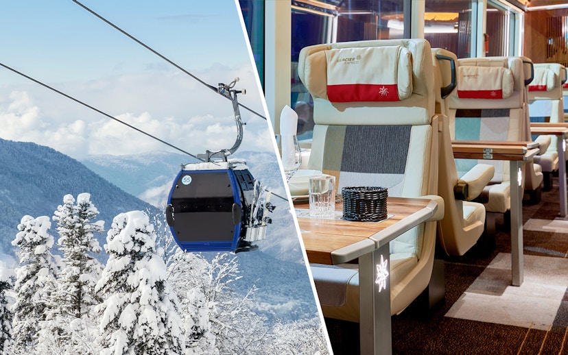 Cable car over snowy trees in Zermatt and Glacier Express train interior.