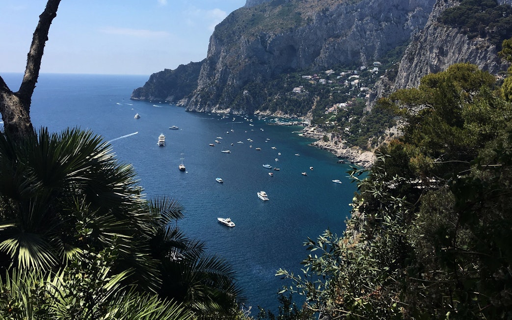 Boats on the blue waters of Capri Island with rocky cliffs and greenery, view from Naples day trip.