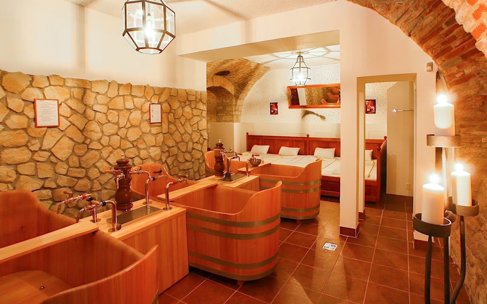 Wooden tubs and stone walls inside Bernard Beer Spa.