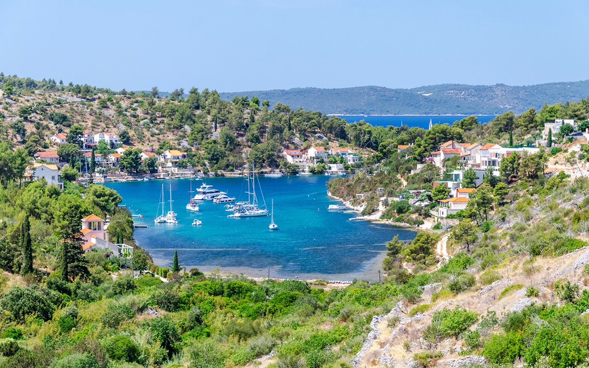 Scenic view of Bobovisca harbor with boats on Brac island, Croatia.