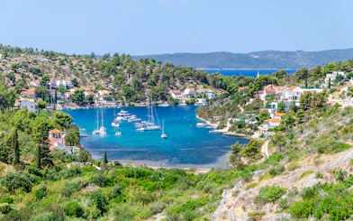 Scenic view of Bobovisca harbor with boats on Brac island, Croatia.