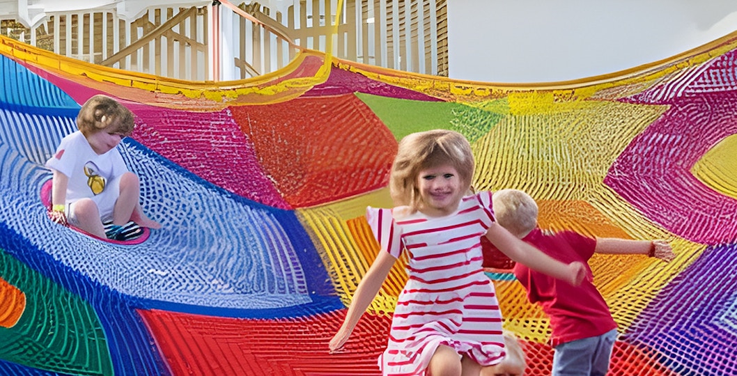 Children playing on colorful nets at Olioli Children's Play Museum, Dubai.