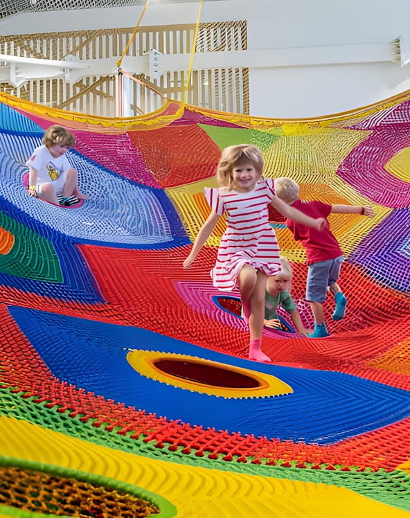 Children playing on colorful nets at Olioli Children's Play Museum, Dubai.