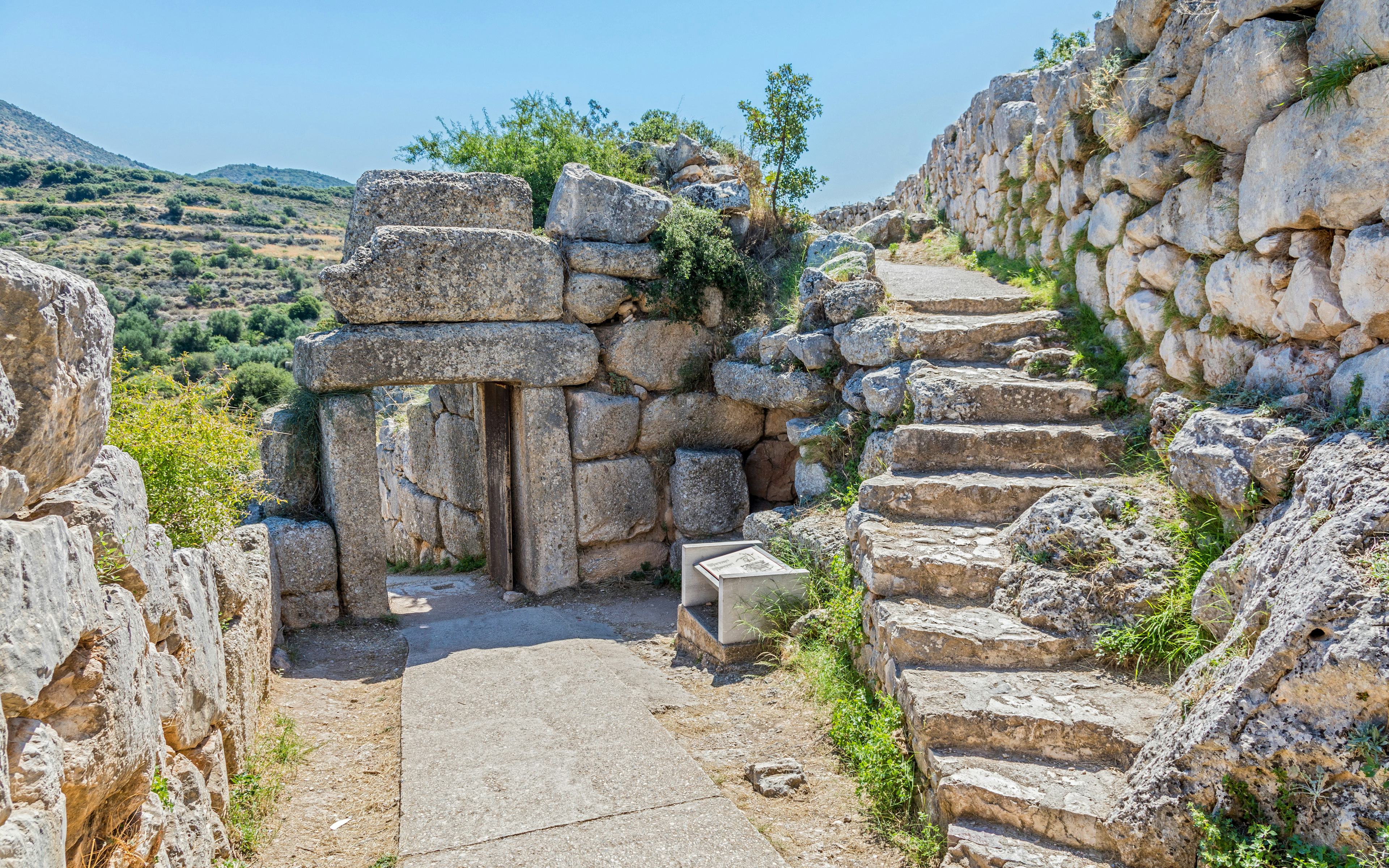 Stone pathway and entrance at the Ancient Citadel of Mycenae, Greece.