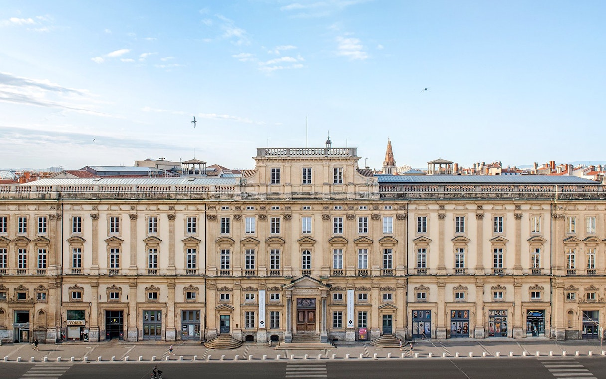 Museum of Fine Arts facade, Lyon, France, with clear sky and cityscape in background.