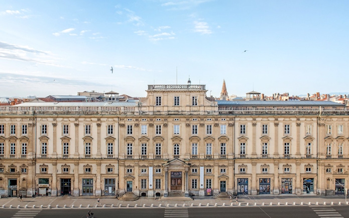Museum of Fine Arts facade, Lyon, France, with clear sky and cityscape in background.