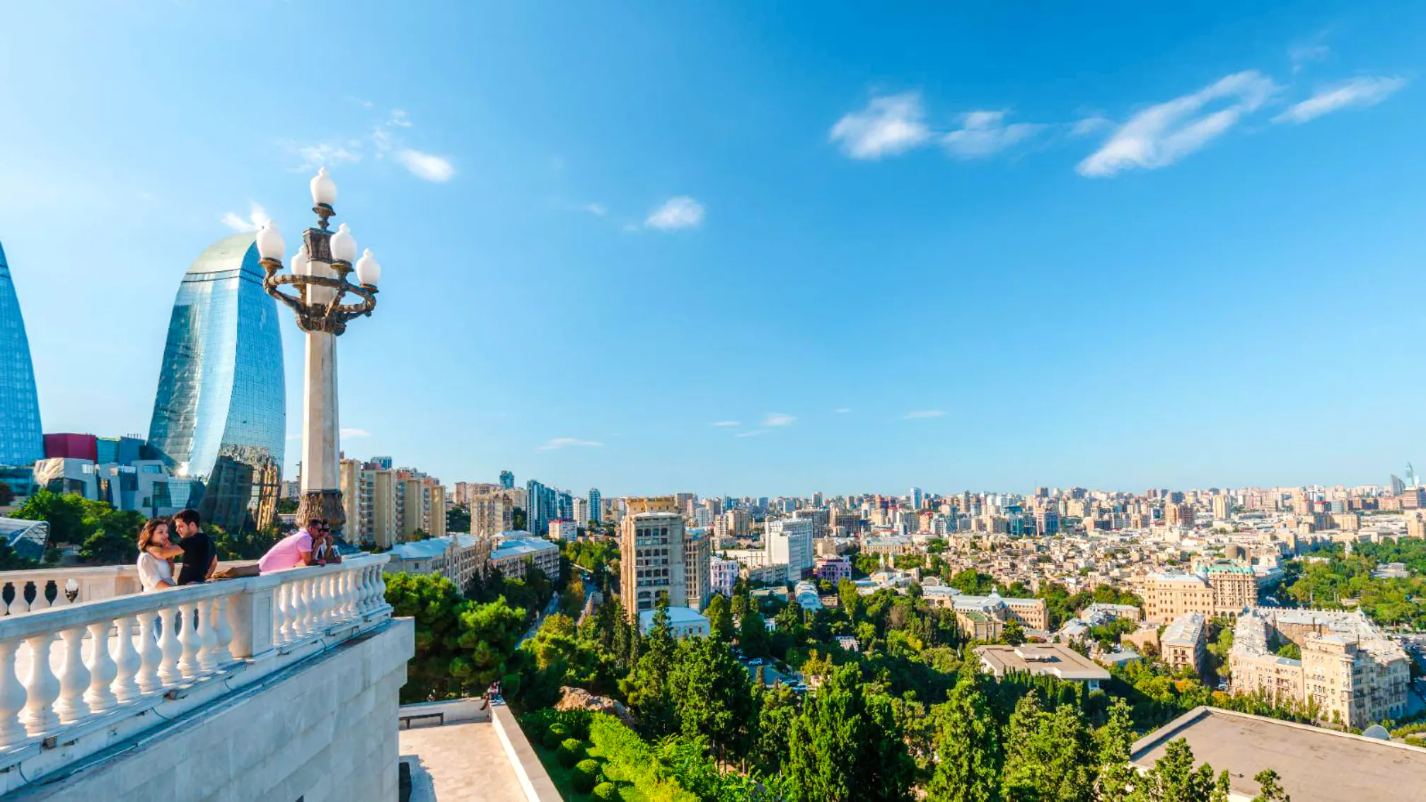 Baku cityscape with Flame Towers and skyline view during city tour.