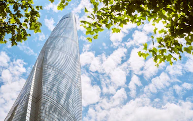 Shanghai Tower against a blue sky with clouds and green leaves.