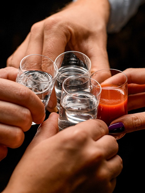 Group toasting with drinks on Budapest Tipsy Tour.