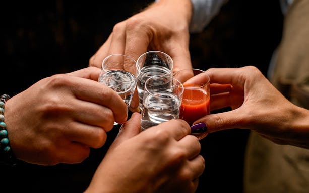 Group toasting with drinks on Budapest Tipsy Tour.