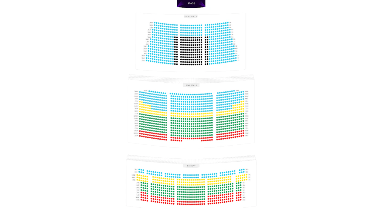 Seating chart of Royal Festival Hall showing front stalls, rear stalls, and balcony sections.