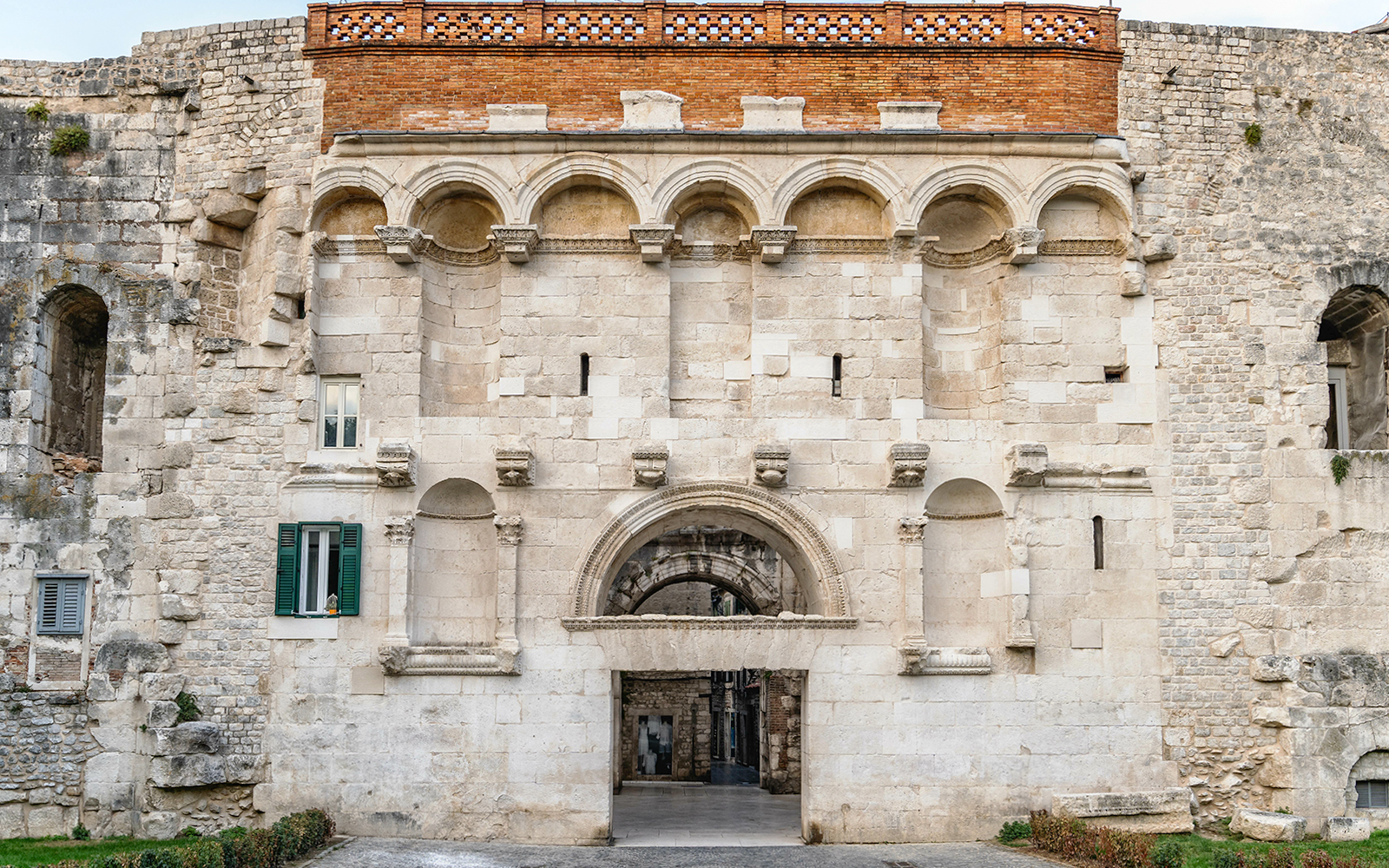 Diocletian's Palace entrance in Split, Croatia, showcasing ancient Roman architecture.
