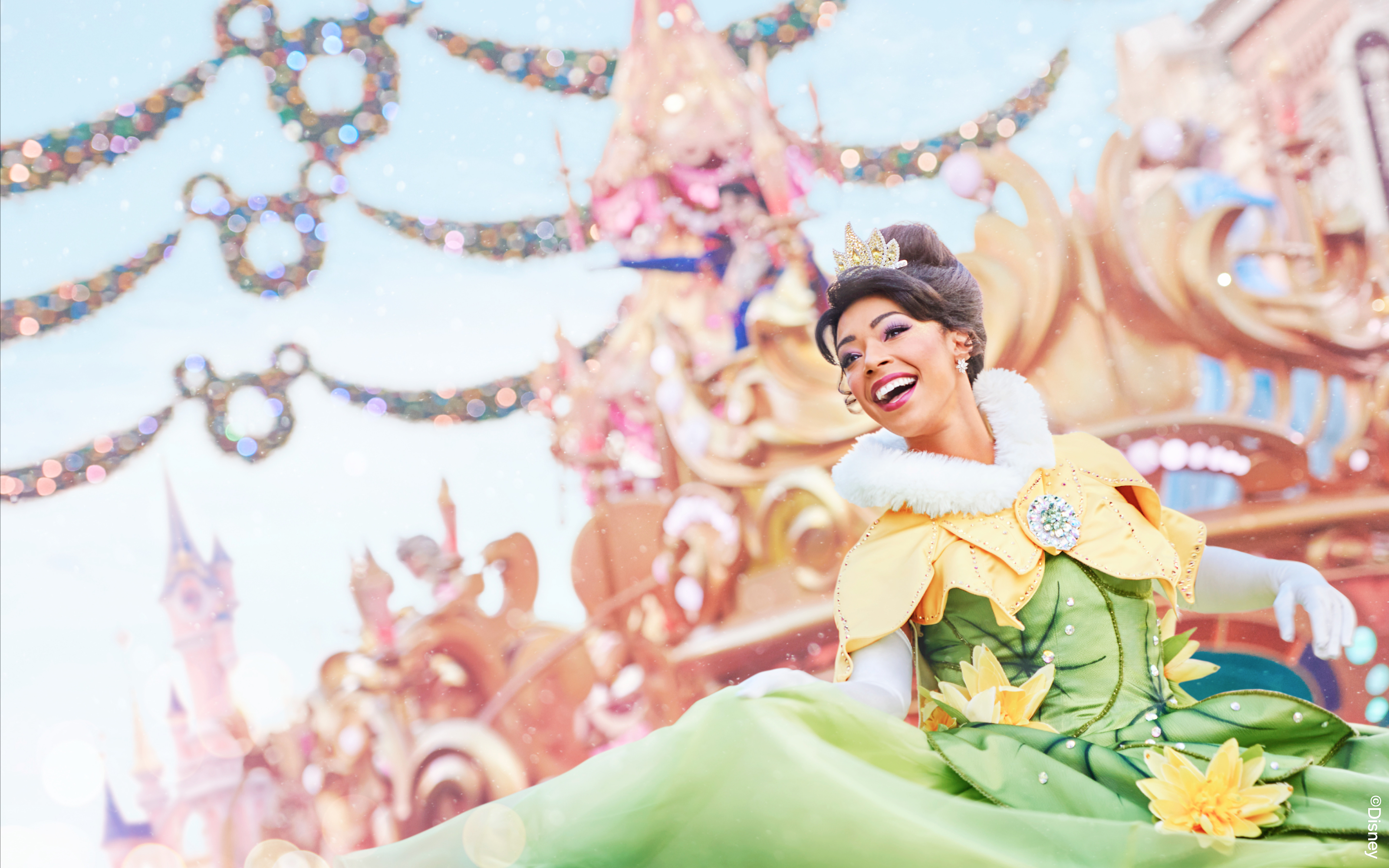 Disneyland Paris Christmas parade with a performer in festive costume.