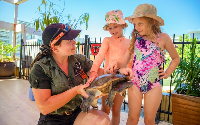 Crocosaurus agent showing a turtle to two children in a sunny outdoor setting.