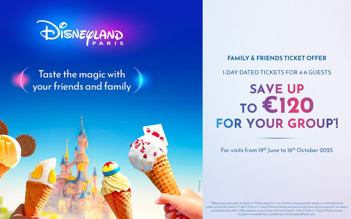 Disneyland Paris offer for friends and family with ice cream cones and castle in background.