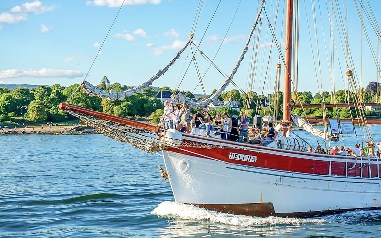 Sailing ship with tourists on Oslo fjord cruise, Norway.