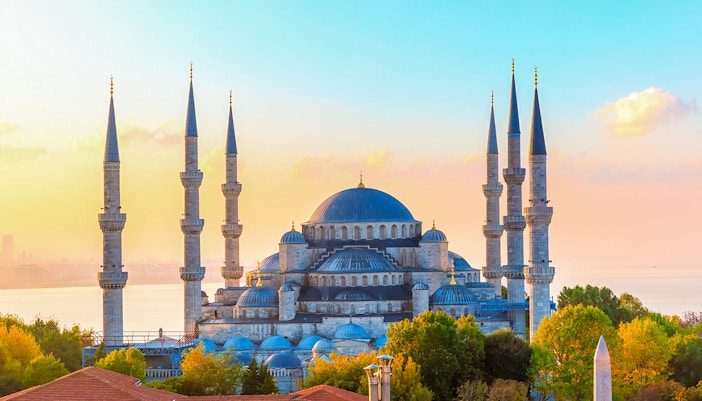 Blue Mosque in Istanbul with its iconic domes and minarets against a clear sky.