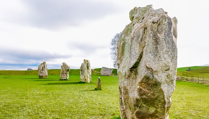 Avebury stone circle in a green field, part of a full-day tour from London.