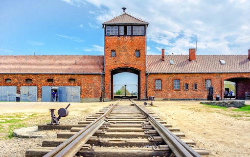 Rail tracks leading to the entrance of Auschwitz Birkenau II, Poland.