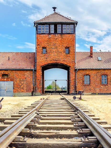 Rail tracks leading to the entrance of Auschwitz Birkenau II, Poland.