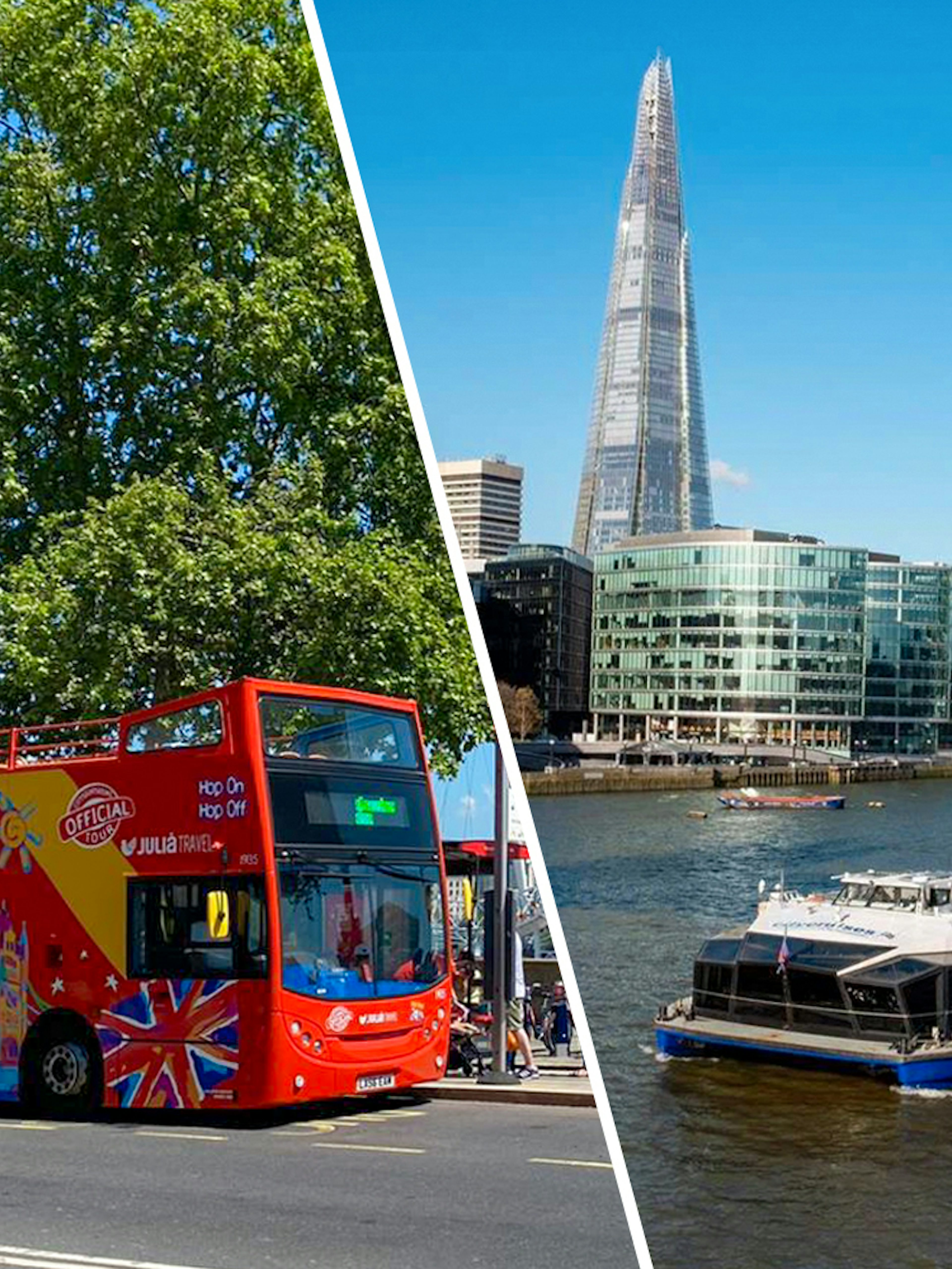 Open-top London tour bus and Thames River cruise boat with cityscape.