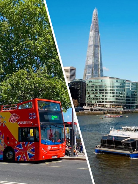 Open-top London tour bus and Thames River cruise boat with cityscape.