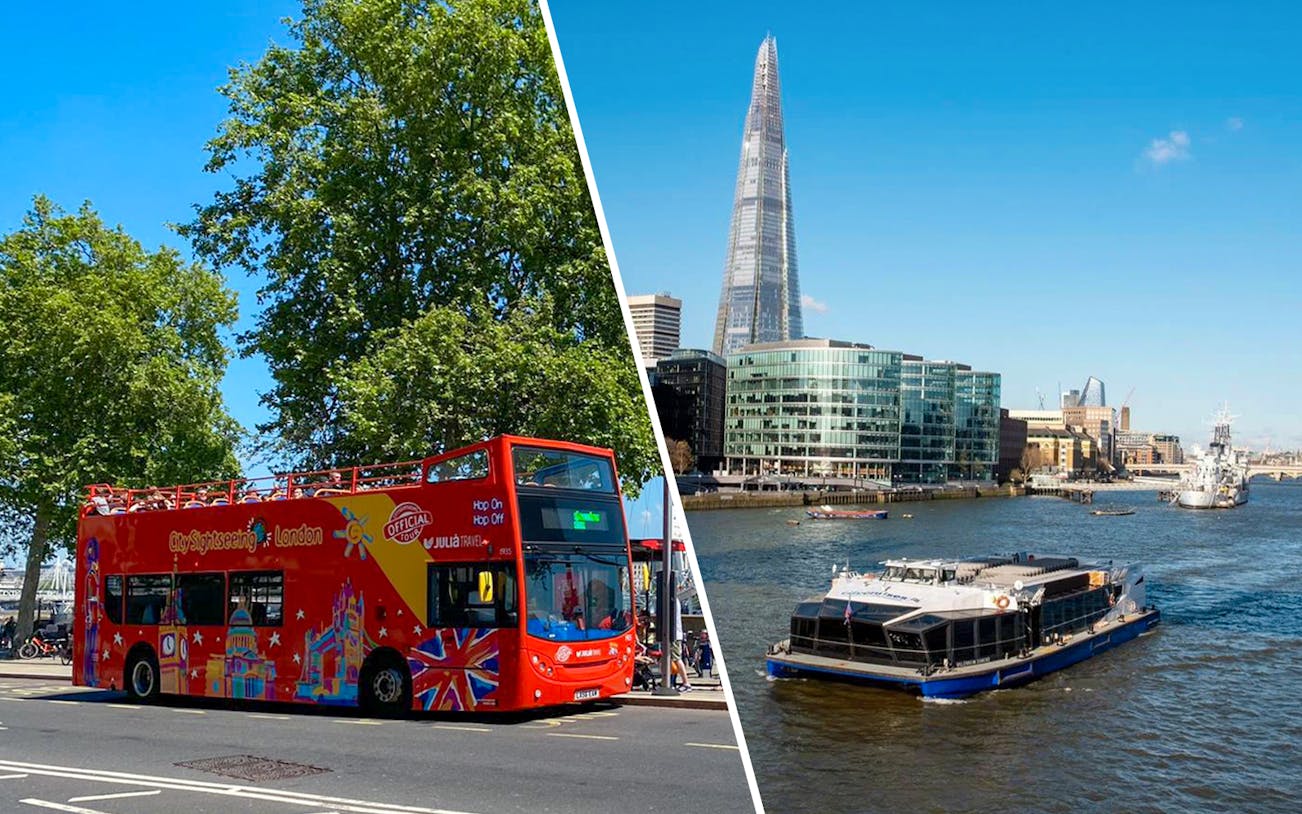 Open-top London tour bus and Thames River cruise boat with cityscape.