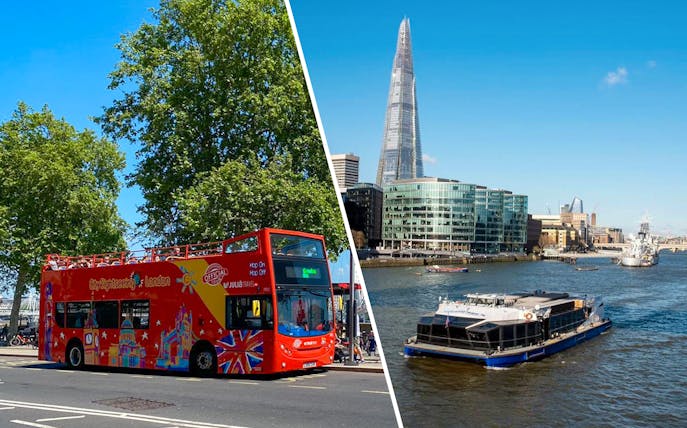 Open-top London tour bus and Thames River cruise boat with cityscape.
