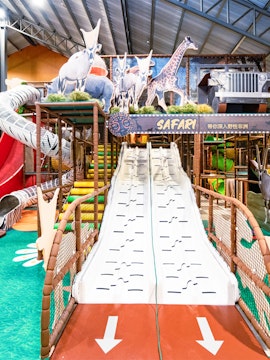 Indoor play area with safari-themed slides and animal decorations at Safari Escape Playland.