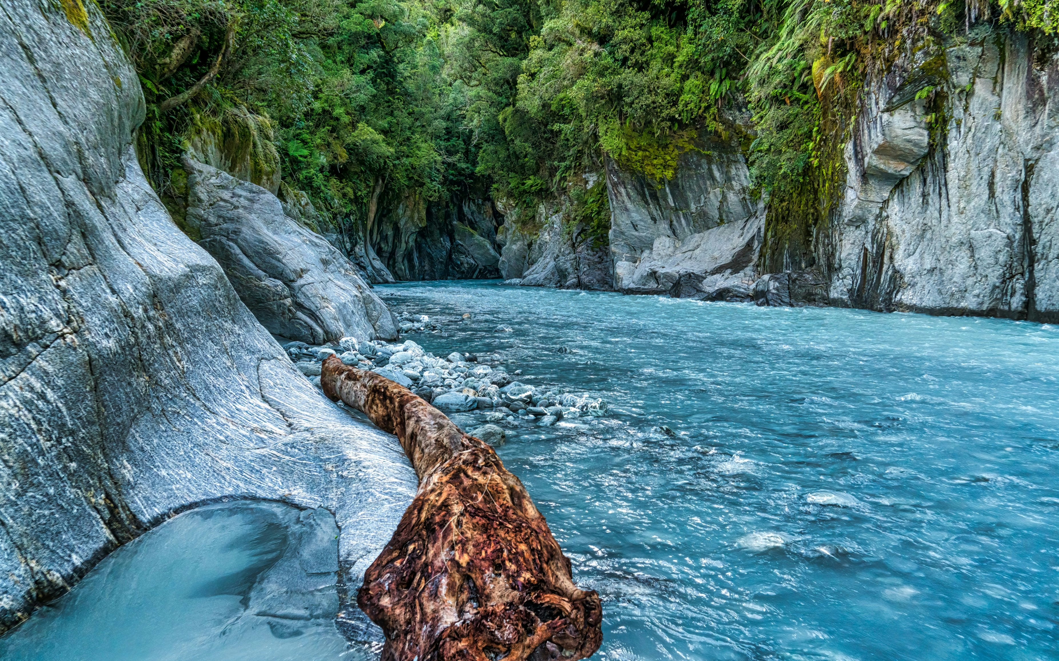 Callery Gorge's turquoise water flowing between rocky cliffs, NZ West Coast near Franz Josef.