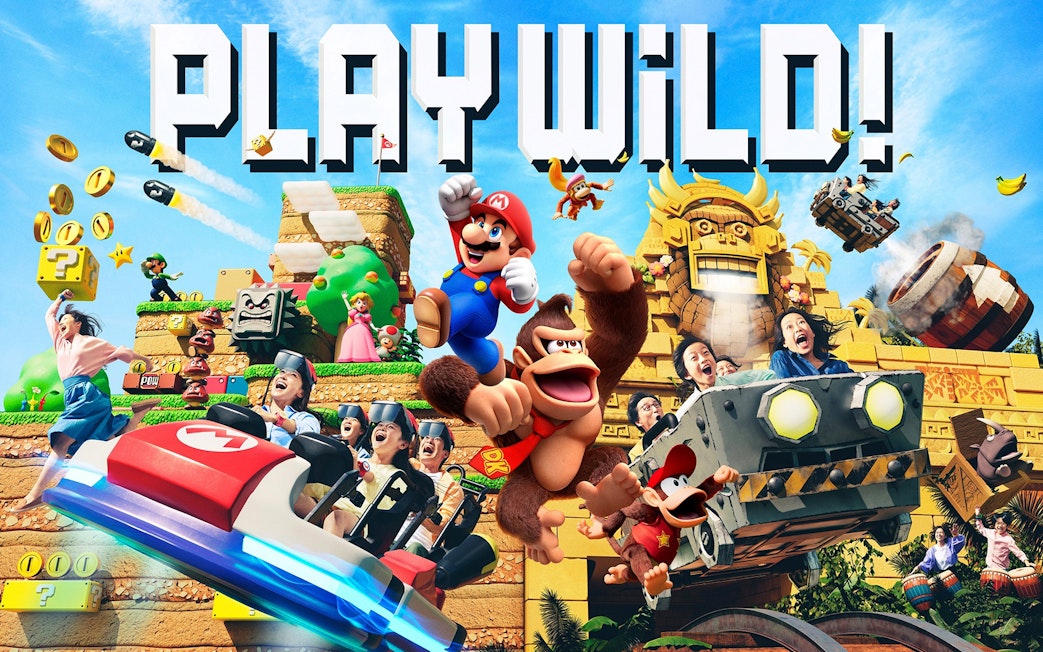 Universal Express Pass featuring Donkey Kong and Mario characters in an adventure setting.