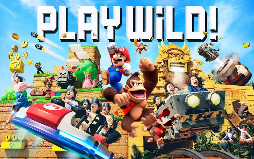 Universal Express Pass featuring Donkey Kong and Mario characters in an adventure setting.