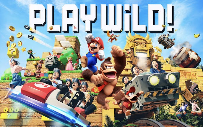 Universal Express Pass featuring Donkey Kong and Mario characters in an adventure setting.