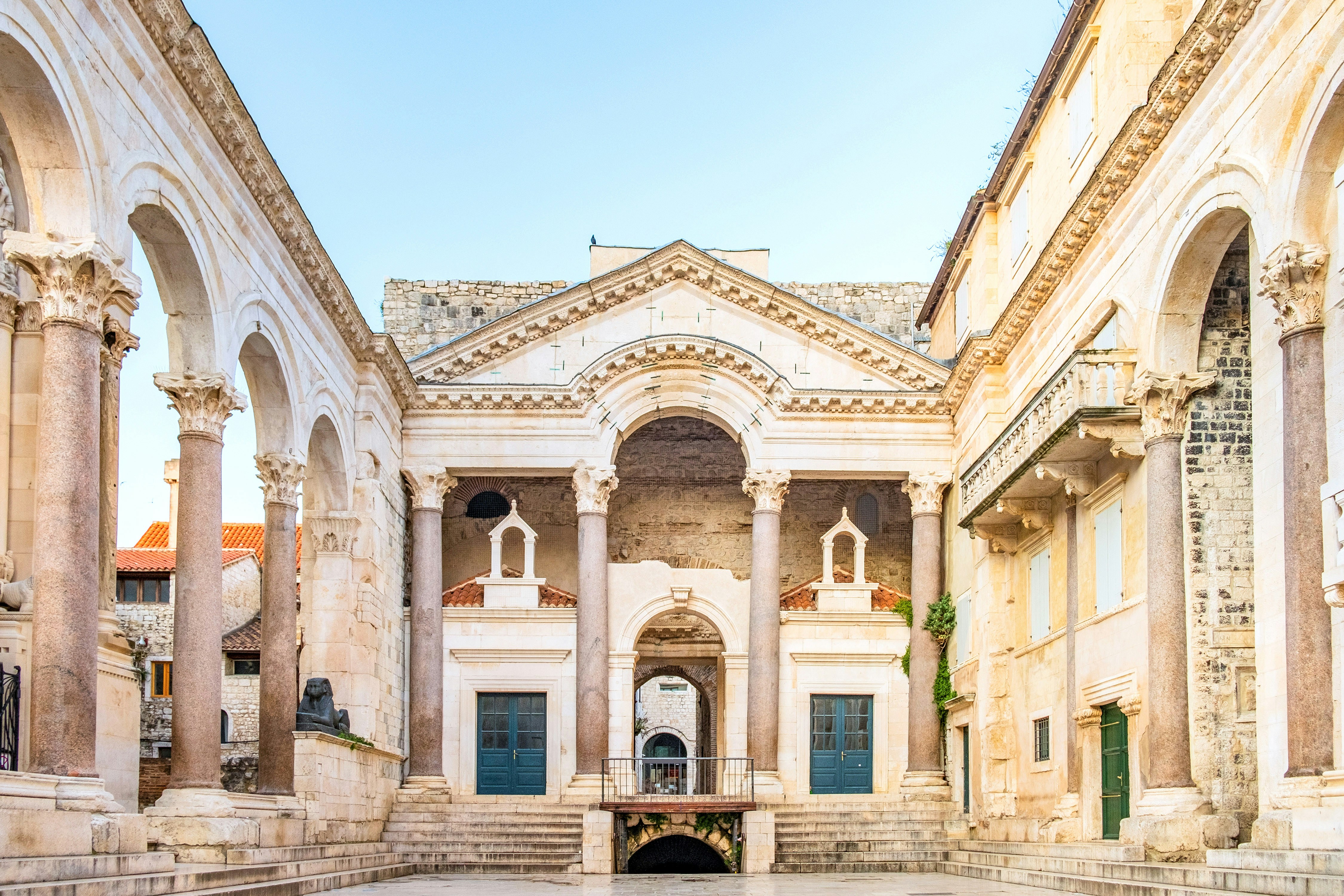 Diocletian’s Palace front view with ancient stone arches in Split, Croatia.