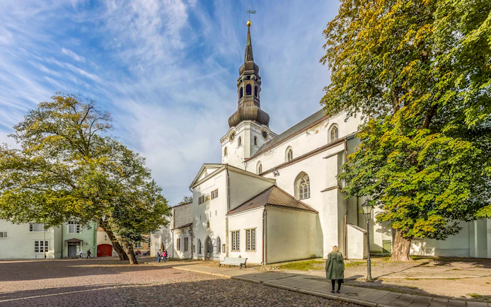 St. Mary's Cathedral on Toompea Hill, Tallinn, Estonia, with its distinctive spire and surrounding trees.