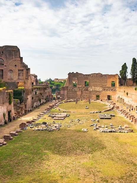 Roman Forum ruins with ancient structures and greenery, view from Palatine Hill, Rome.