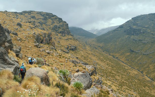 Hikers trekking through Mackinder's Valley, Mount Kenya, surrounded by rocky terrain and vegetation.