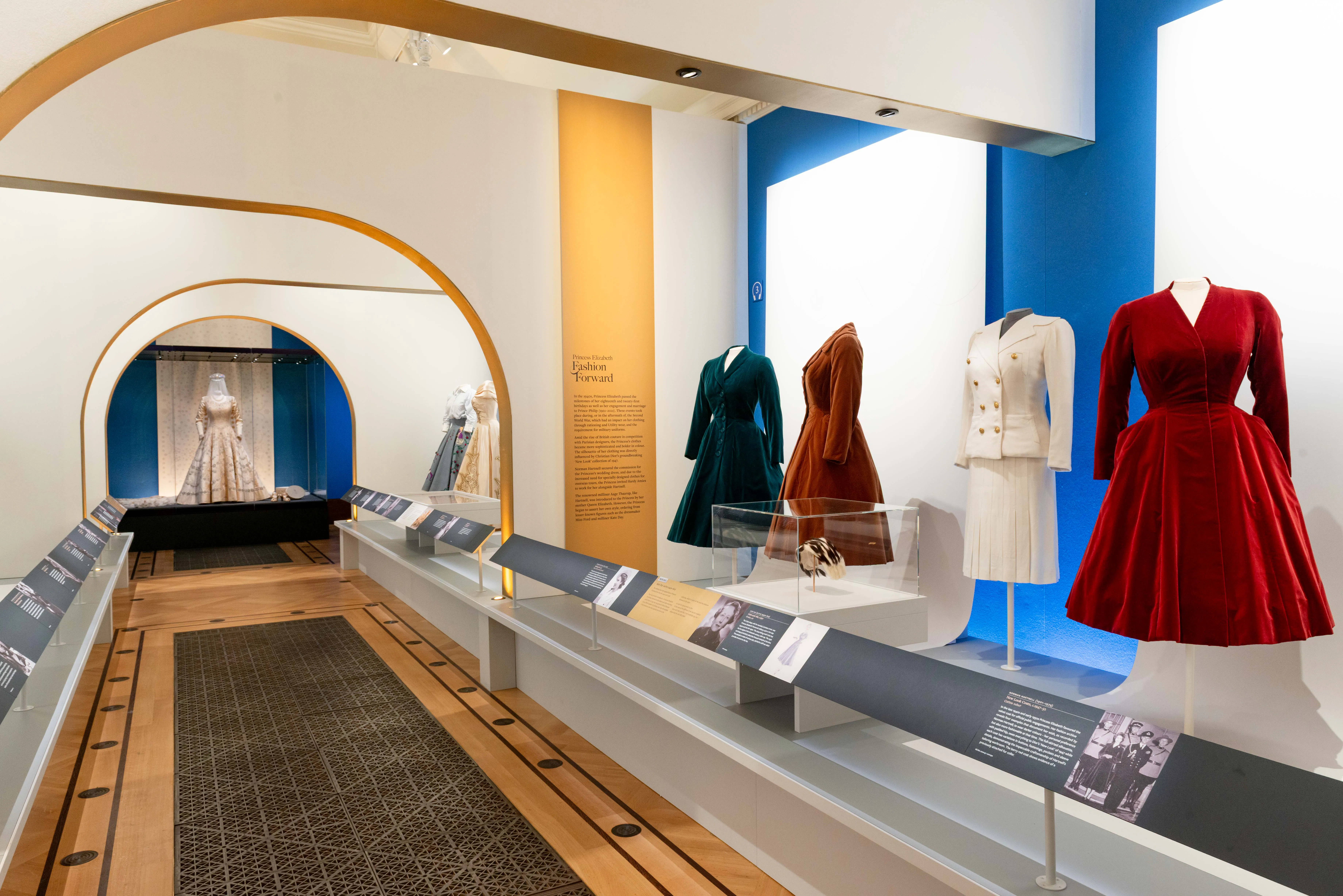 Dresses displayed at the 'Her Life in Style' exhibit, The King's Gallery, Buckingham Palace.