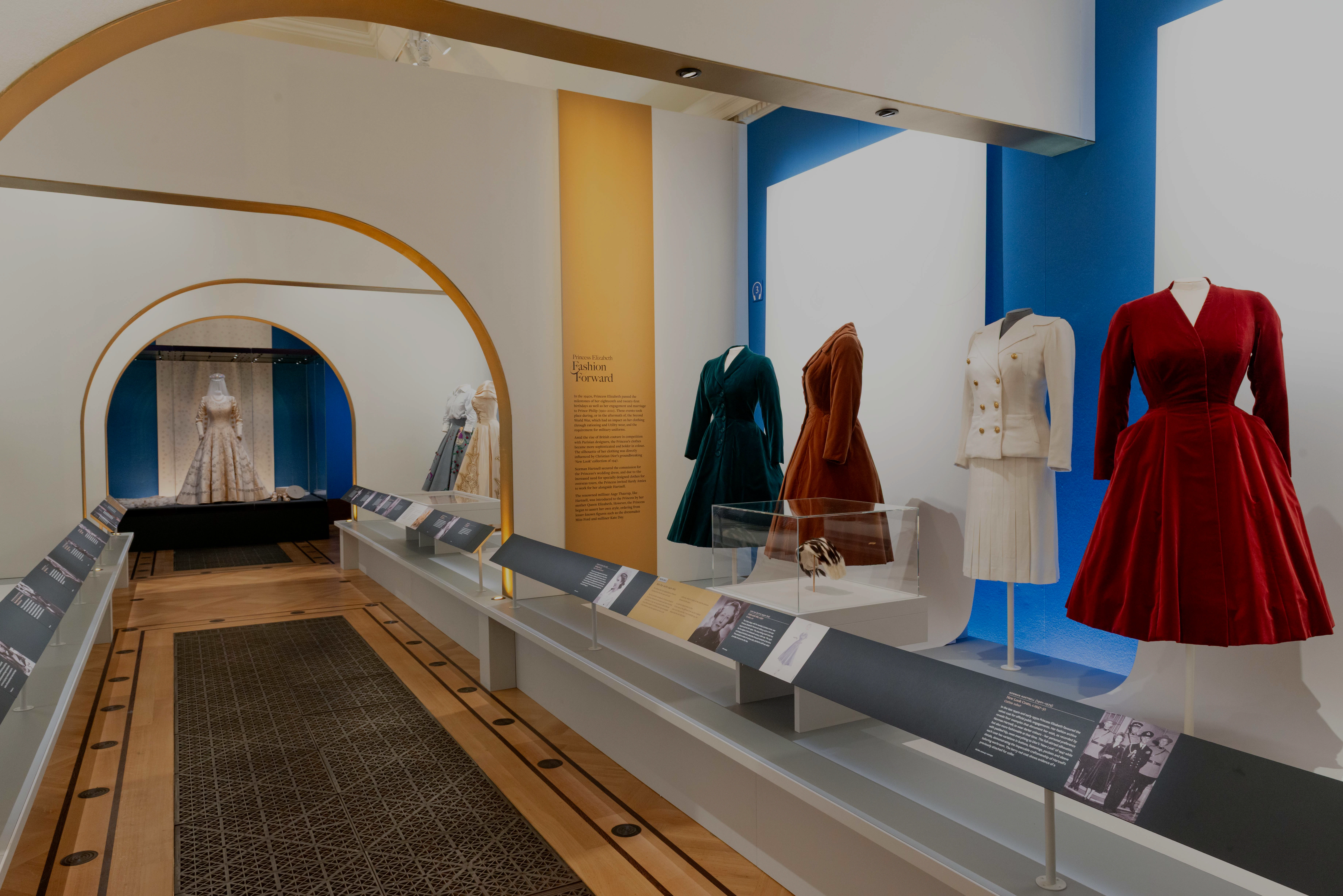 Dresses displayed at the 'Her Life in Style' exhibit, The King's Gallery, Buckingham Palace.