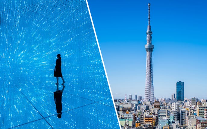 TeamLab Planets Tokyo light installation and Tokyo Skytree against cityscape.