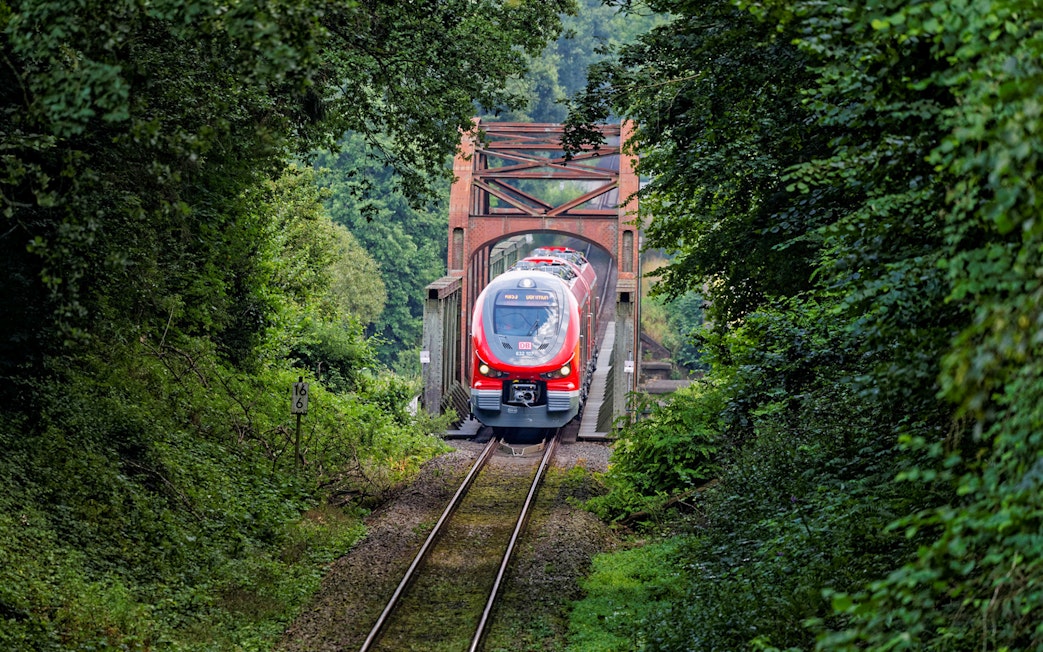 Train crossing a bridge surrounded by lush greenery in Germany, part of the Interrail Germany Mobile Pass Flex.