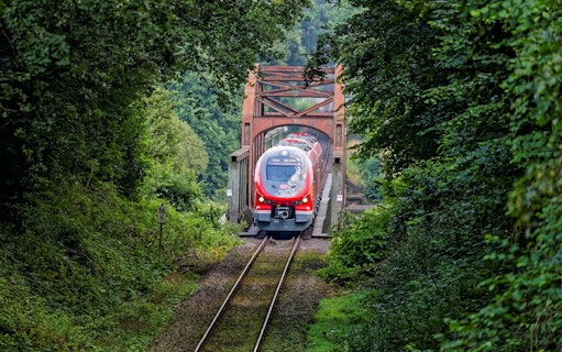Train crossing a bridge surrounded by lush greenery in Germany, part of the Interrail Germany Mobile Pass Flex.