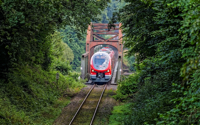 Train crossing a bridge surrounded by lush greenery in Germany, part of the Interrail Germany Mobile Pass Flex.