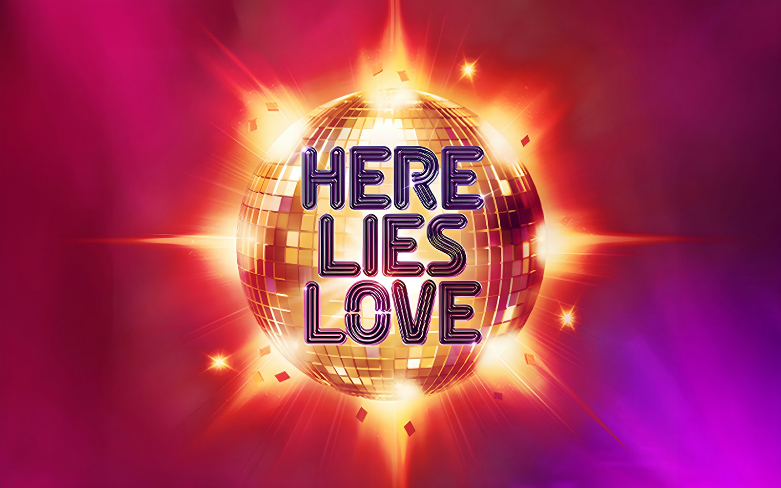 Here Lies Love" text on a glowing disco ball background.