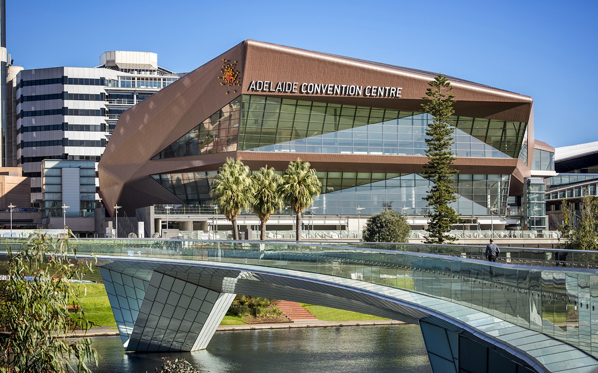 Adelaide Convention Centre with modern architecture and pedestrian bridge in Adelaide.